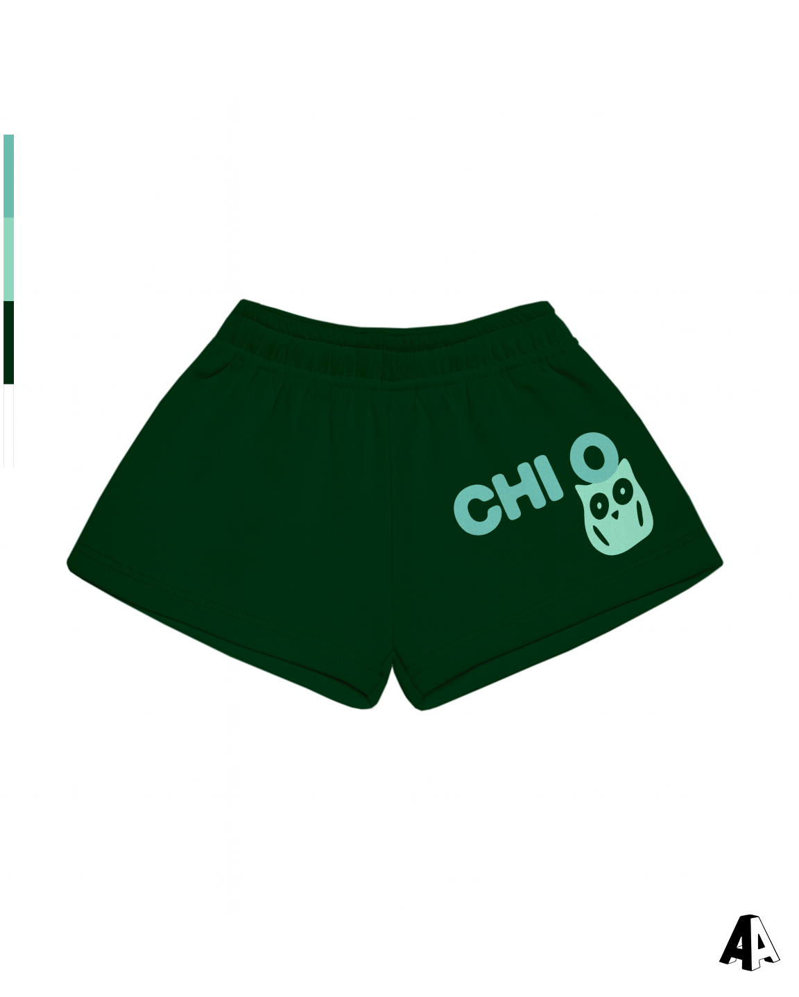 Chi Omega Free Spirit Forest Green Shorts by Alpha Apparel Co. – front view