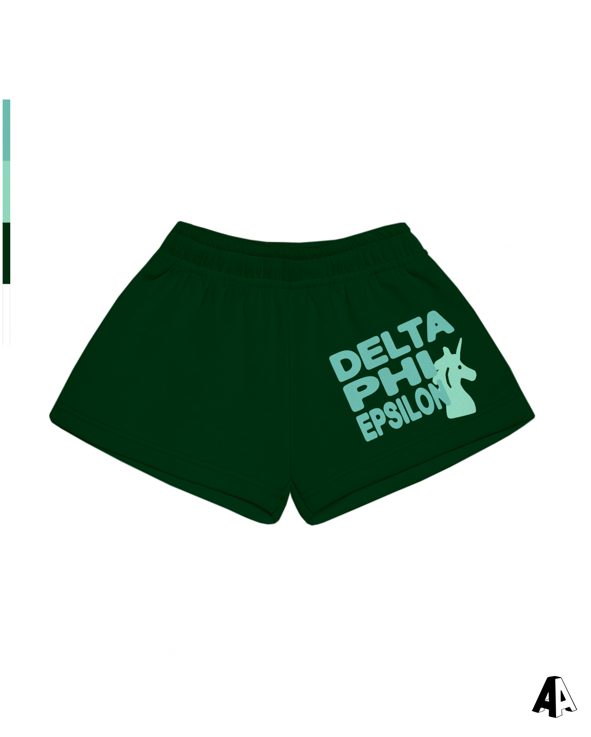 Delta Phi Epsilon Free Spirit Forest Green Shorts by Alpha Apparel Co. – front view